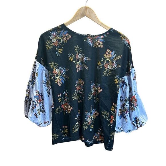 Ann Taylor LOFT Extra Small XS Balloon Sleeve Black Blue Floral Button Back - Picture 1 of 6